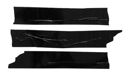 Set of different black scotch sticky tapes isolated on white background. Torn wrinkled sellotape...