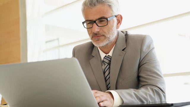 Mature businessman working on computer in corporate office