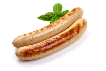 Grilled German white sausages, Thuringer Rostbratwurst, close-up, isolated on white background