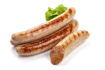 Grilled German white sausages, Thuringer Rostbratwurst, close-up, isolated on white background