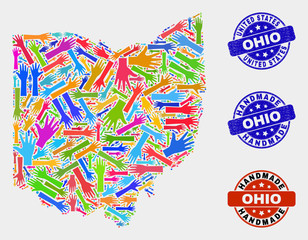 Vector handmade collage of Ohio State map and scratched stamp seals. Mosaic Ohio State map is done of scattered bright colorful hands. Rounded seals with corroded rubber texture.