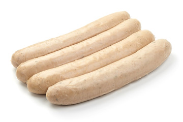 Fototapeta German pork sausages, Thuringer Rostbratwurst, close-up, isolated on white background obraz