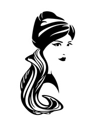 elegant woman wearing traditional turban head scarf - black and white ethnic fashion vector portrait