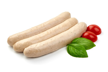Fresh German white sausages, Thuringer Rostbratwurst, close-up, isolated on white background