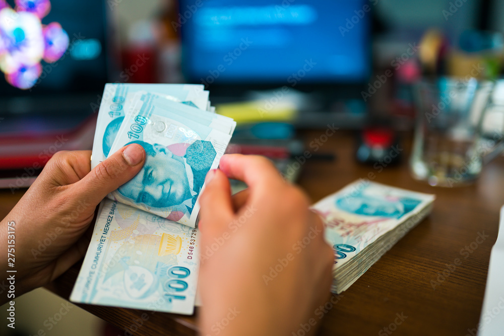 Canvas Prints woman hands counting turkish lira