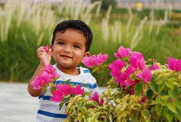 cute one year old  baby boy standing near the flowers and playing  in a garden