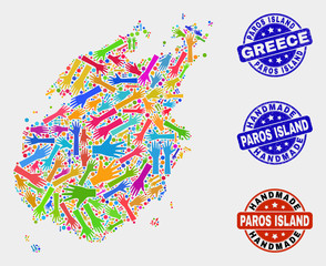 Vector handmade combination of Paros Island map and textured seals. Mosaic Paros Island map is constructed of randomized bright colorful hands. Rounded seals with grunge rubber texture.