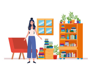 woman in the living room with desk and books