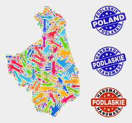 Vector handmade combination of Podlaskie Voivodeship map and rubber stamp seals. Mosaic Podlaskie Voivodeship map is organized with random bright colorful hands.