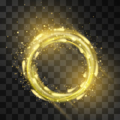 Vector golden neon light effect, circle frame with hazy flare. Magical glowing tail of shining stardust sparkles, hot halo illumination. Glistening energy ring flow in motion. Luxurious summer design.