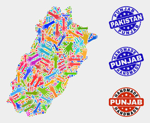 Vector handmade combination of Punjab Province map and grunge stamp seals. Mosaic Punjab Province map is created with random bright colored hands. Rounded seals with distress rubber texture.