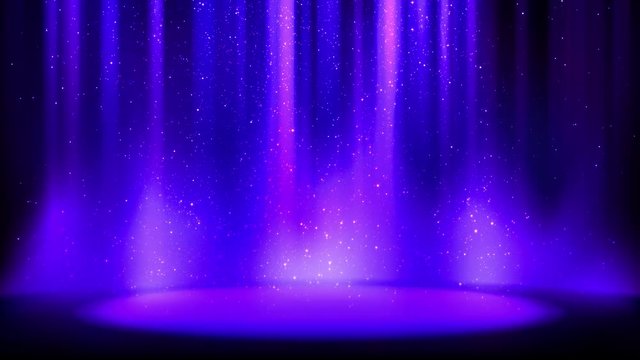 Empty blue purple scene on glittering background, place lit by soft indigo spotlight, falling shiny sparkling particles. Indigo background with soft glow, divine radiance. Seamless loop