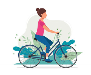 Fototapeta na wymiar Woman with a bike in the park. Vector illustration in flat style, concept illustration for healthy lifestyle, sport, exercising.