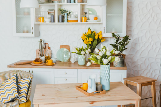 Kitchen Utensils, Concept Of Home Decor Kitchen Decorated With Flowers, Front View