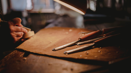 Luthier's tools on a wooden table