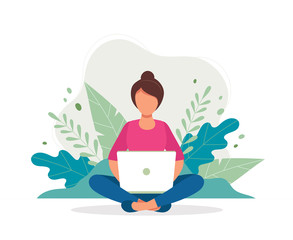 Obraz na płótnie Canvas Woman with laptop sitting in nature and leaves. Concept illustration for working, freelancing, studying, education, work from home. Vector illustration in flat cartoon style