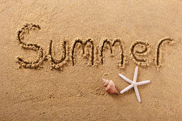 Summer word written in sand on a sunny beach with starfish holiday vacation travel destination sign...