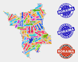 Vector handmade combination of Roraima State map and scratched seals. Mosaic Roraima State map is made of randomized bright colored hands. Rounded stamp imprints with scratched rubber texture.