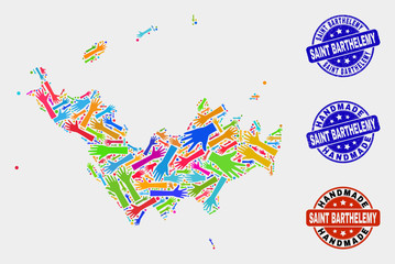 Vector handmade collage of Saint Barthelemy map and corroded stamp seals. Mosaic Saint Barthelemy map is composed with scattered bright colored hands.