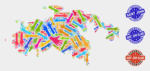 Vector handmade combination of Saint John Island map and textured seals. Mosaic Saint John Island map is constructed with randomized bright colored hands. Rounded seals with corroded rubber texture.
