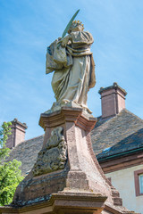 Obraz premium Statue at Westwork (Westwerk) Monastery Corvey (Kloster Corvey ) UNESCO world heritage (Weltkulturerbe) Höxter North Rhine-Westphalia Germany