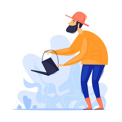 Man watering the garden. Gardener, agriculture. Flat design vector illustration.