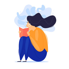 Woman sits reading a book, self-education. Flat design vector illustration.