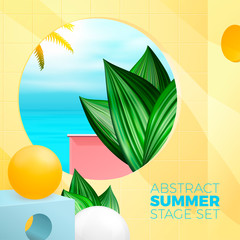 Vector summer exotic travel hotel bathroom with paradise ocean view. Fresh and bright decorative tropical house backdrop with place for your text.