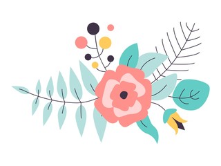 Floral vector bouquet with wild flowers. Hand drawn rustic isolated objects. Decorative Invitation cards for wedding, birthday party.