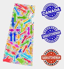Vector handmade composition of Saskatchewan Province map and rubber stamp seals. Mosaic Saskatchewan Province map is organized with randomized bright colorful hands.