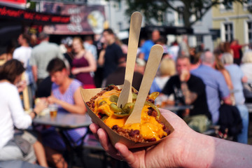 Poutine with French Fries and Chili con Carne, Street Food, dish, food