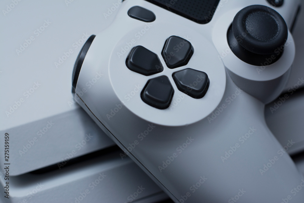 Poster joystick game pad and game console macro. concept view.