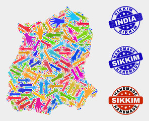 Vector handmade composition of Sikkim State map and corroded seals. Mosaic Sikkim State map is designed of random bright colorful hands. Rounded stamp imprints with corroded rubber texture.