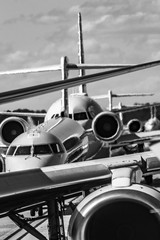 busy airport tarmac traffic before airplanes take off