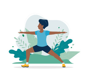 Black man exercising in the park. Illustration in flat style, concept vector illustration for healthy lifestyle, sport, exercising.