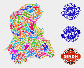 Vector handmade combination of Sindh Province map and rubber seals. Mosaic Sindh Province map is done from randomized bright colorful hands. Rounded seals with unclean rubber texture.
