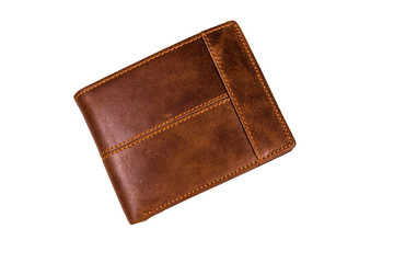 Closed brown leather wallet isolated on a white background
