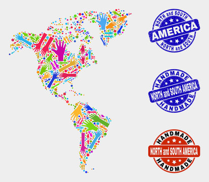 Vector handmade composition of South and North America map and corroded stamp seals. Mosaic South and North America map is created of random bright colored hands.