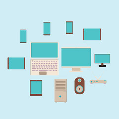 Vector illustration of a large set of flat icons of digital smartphone smartphones computers monitors modems on a blue background. Concept: computer digital technologies