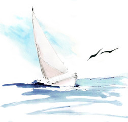Yacht in sea with seagulls. Colorful watercolor hand painted lllustration, wallpaper, background with sail boat.