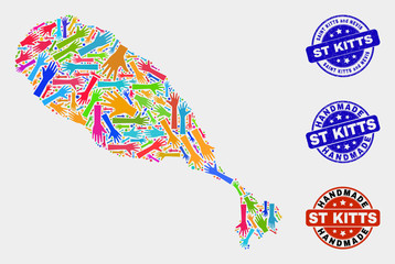 Vector handmade composition of St Kitts Island map and unclean watermarks. Mosaic St Kitts Island map is formed with randomized bright colorful hands. Rounded watermarks with scratched rubber texture.