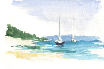 Seaside, sailboats and sky. Beach landscape wallpaper, hand painted design, watercolour background.