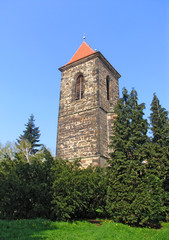 Fototapeta na wymiar Bell tower at Saint Gothard church, Central Bohemia, Czech republic