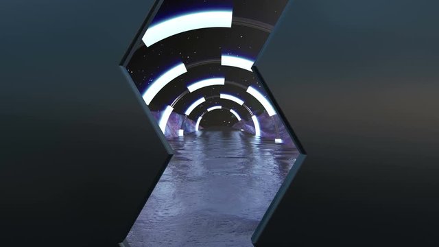 Iron hatch opens panoramic view to the extraterrestrial landscape scene. 3d abstract background of Sci-fi corridor. Futuristic technology abstract seamless VJ for tech titles and background.