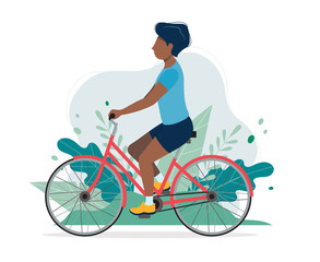 Black man with a bike in the park. Illustration in flat style, concept vector illustration for healthy lifestyle, sport, exercising.