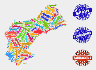 Vector handmade composition of Tarragona Province map and textured stamp seals. Mosaic Tarragona Province map is organized of random bright colored hands. Rounded seals with unclean rubber texture.