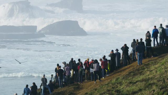 Aerial people watching big waves surfing Mavericks USA 