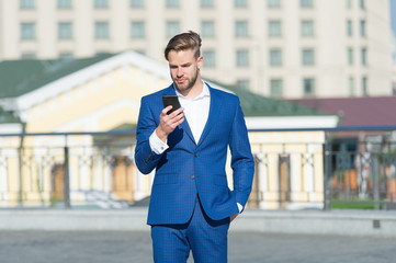 You better pick phone. Businessman use smartphone video call or messaging. Business call concept. Man in suit businessman use application. Businessman communication online internet social networks