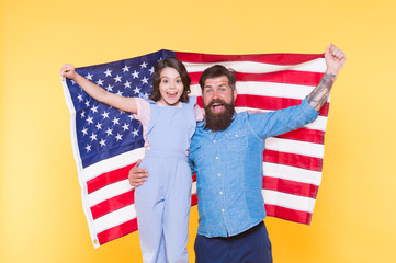 Independence is happiness. Patriotic family cheerful and friendly. Independence day holiday. How do americans celebrate independence day. Father bearded hipster and cute little daughter with USA flag