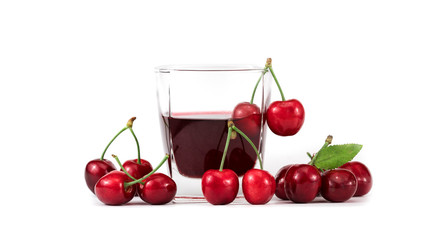 Cherry and glass of juice isolated on white background.
